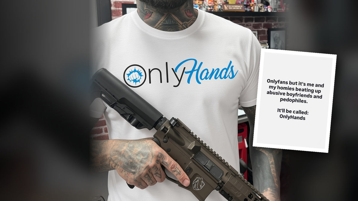 OnlyHands Tee: man wearing the white tee with the OnlyHands chest print, holding a rifle, beside the OnlyHands meme - 'Onlyfans but it's me and my homies beating up abusive boyfriends and pedophiles. It'll be called: OnlyHands'