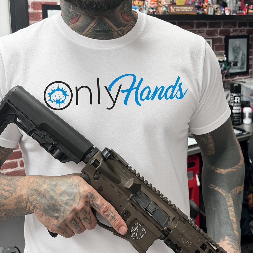 OnlyHands Tee - white tee with OnlyHands chest print, worn holding a rifle