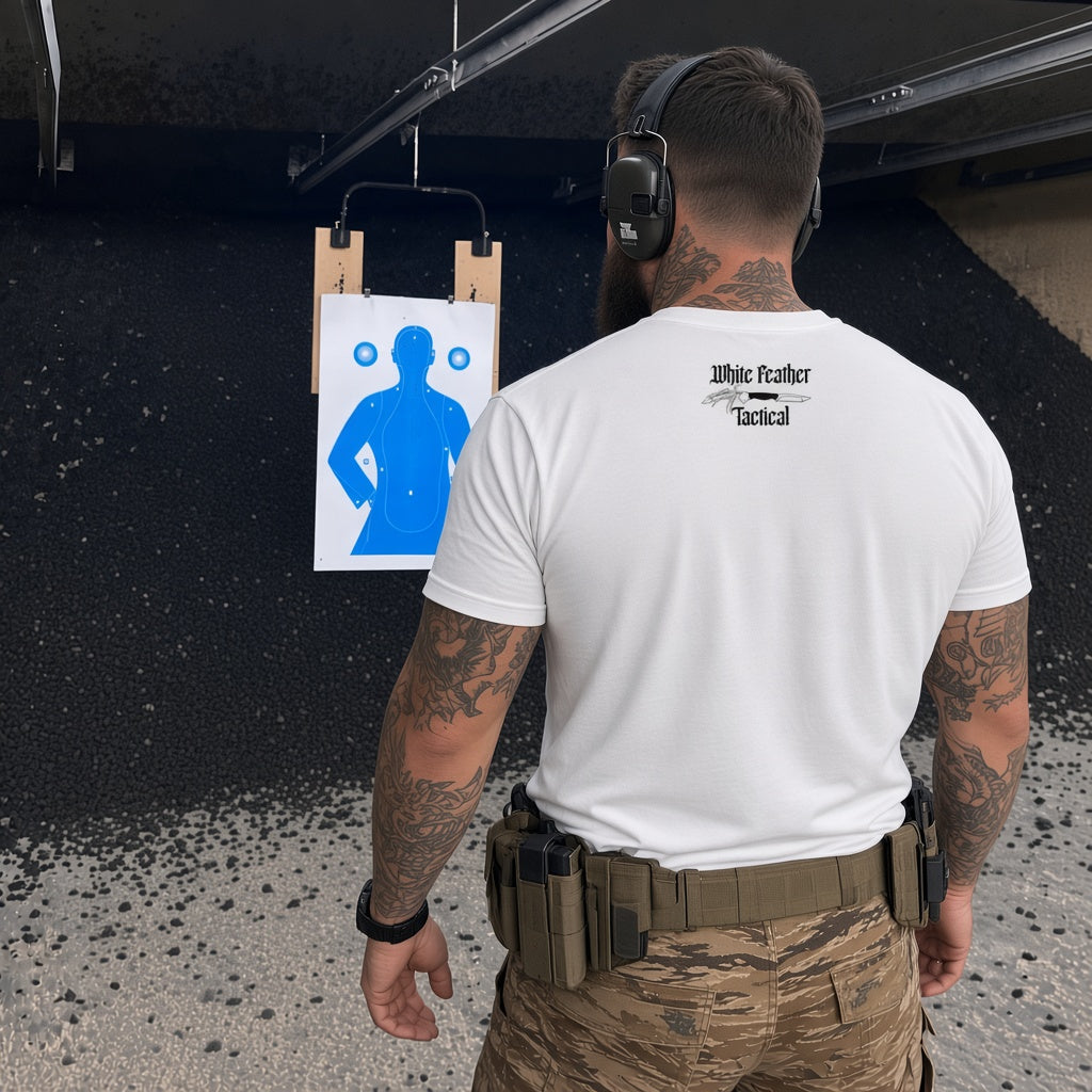OnlyHands Tee - back view on the range, small White Feather Tactical logo below the collar