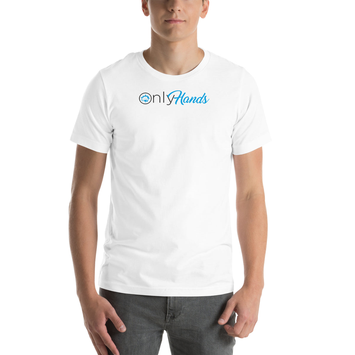 OnlyHands Tee - white tee, front view with OnlyHands print centered on the chest